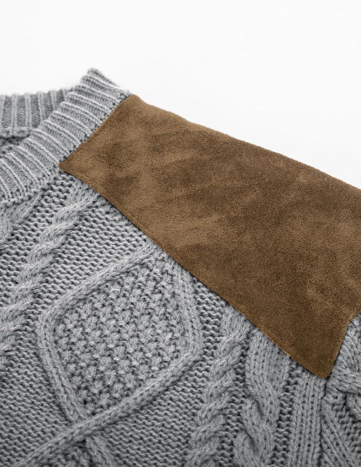 imagePJ PAUL JONES Mens Sweater Military Cable Knit Crewneck Vintage Long Sleeve Pulllover Sweaters with Suede PatchworkSilver Grey