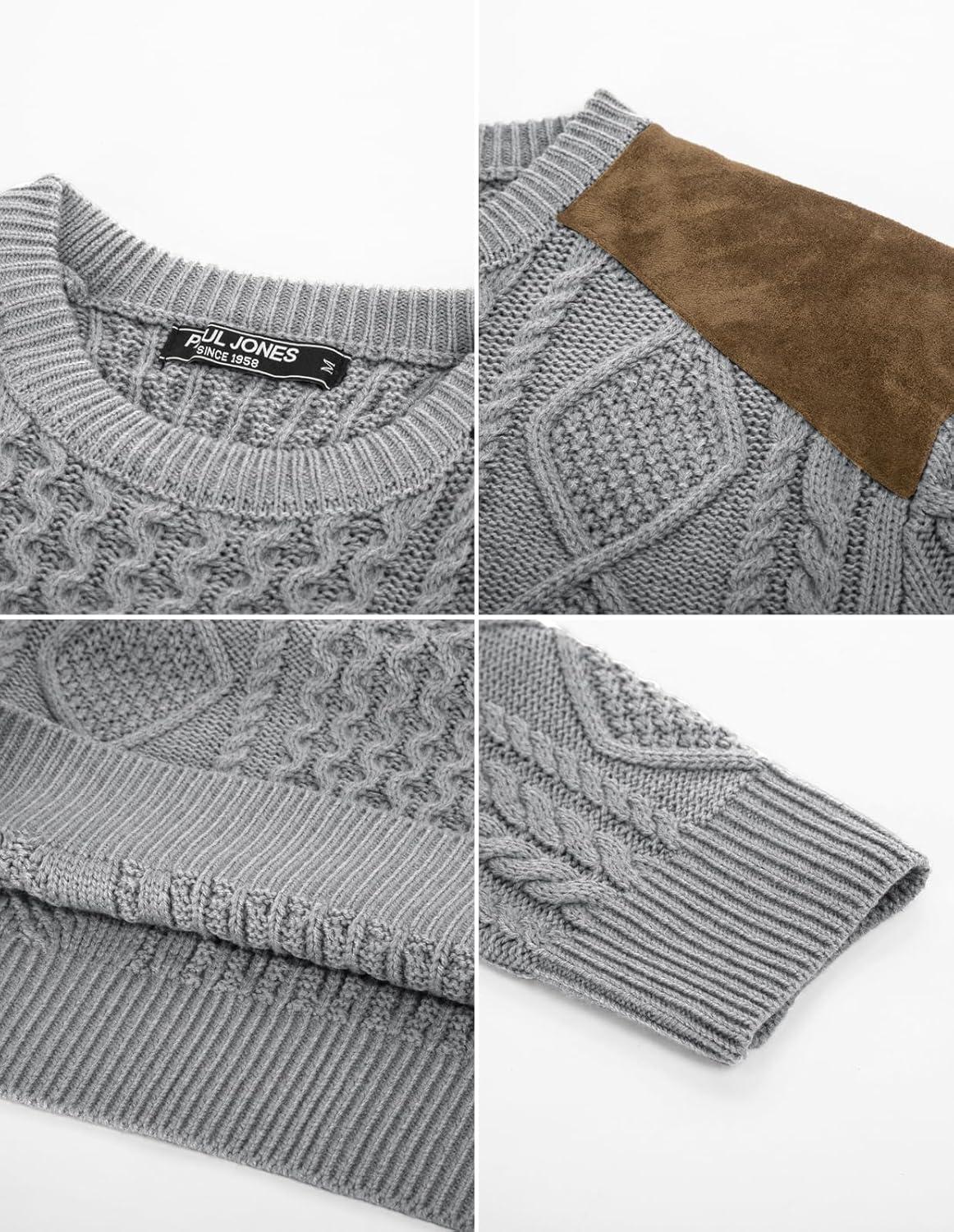 imagePJ PAUL JONES Mens Sweater Military Cable Knit Crewneck Vintage Long Sleeve Pulllover Sweaters with Suede PatchworkSilver Grey