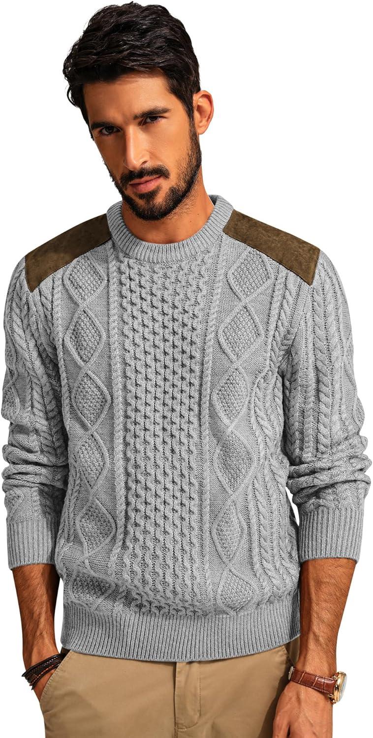 imagePJ PAUL JONES Mens Sweater Military Cable Knit Crewneck Vintage Long Sleeve Pulllover Sweaters with Suede PatchworkSilver Grey