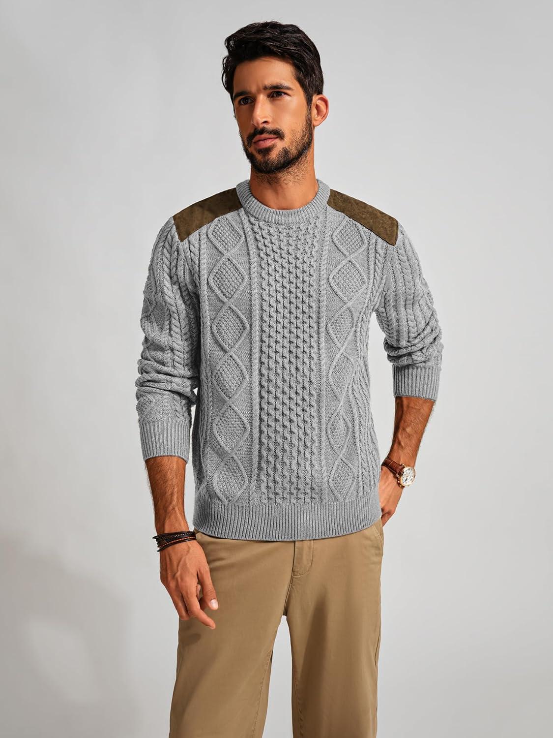 imagePJ PAUL JONES Mens Sweater Military Cable Knit Crewneck Vintage Long Sleeve Pulllover Sweaters with Suede PatchworkSilver Grey