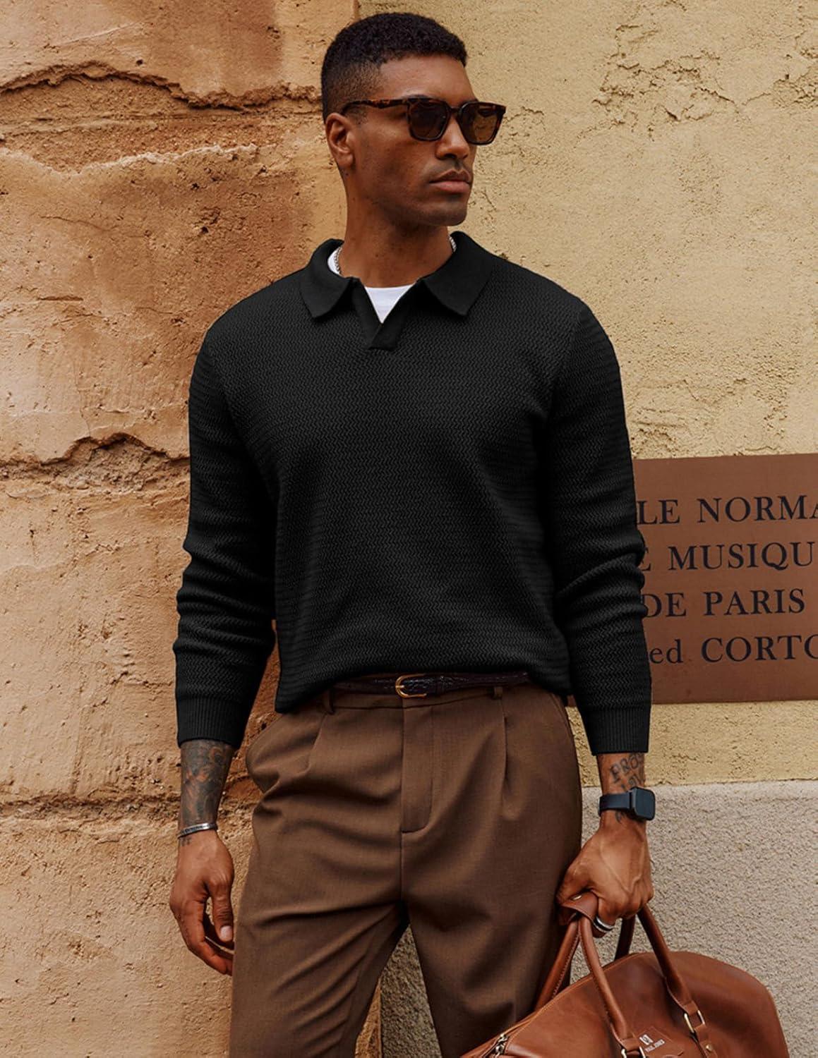 imagePJ PAUL JONES Mens Sweater V Neck Pullover Sweater Long Sleeve Cable Knit Textured SweaterBlack