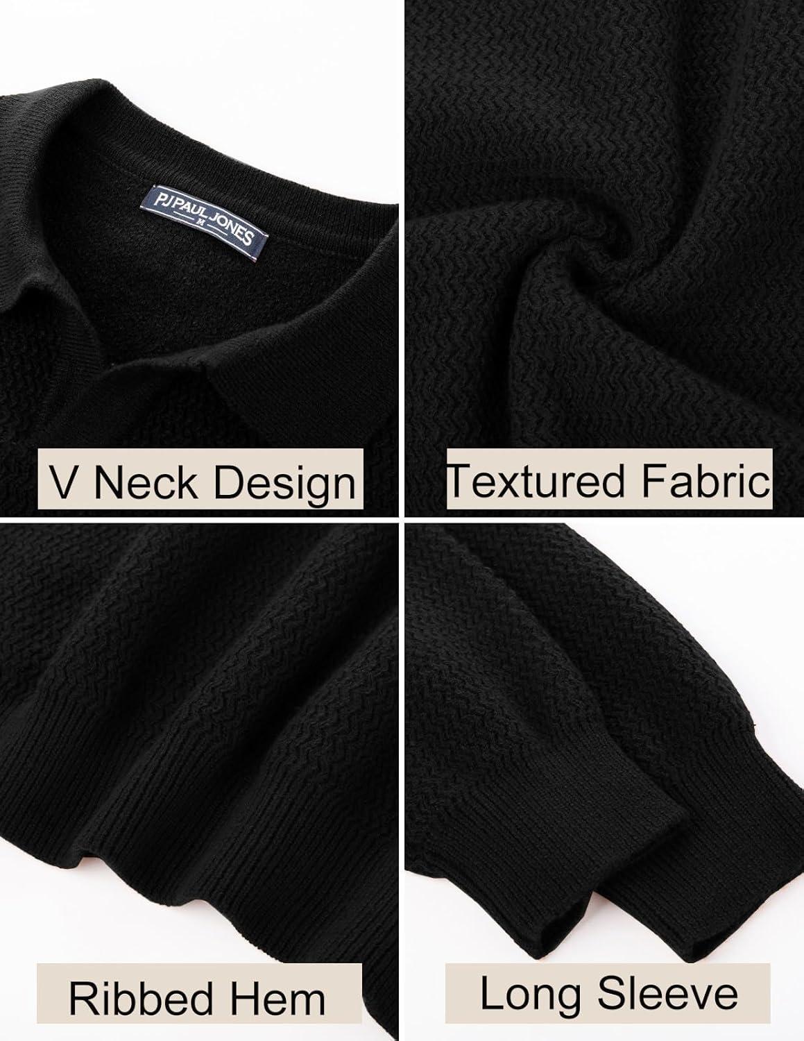 imagePJ PAUL JONES Mens Sweater V Neck Pullover Sweater Long Sleeve Cable Knit Textured SweaterBlack