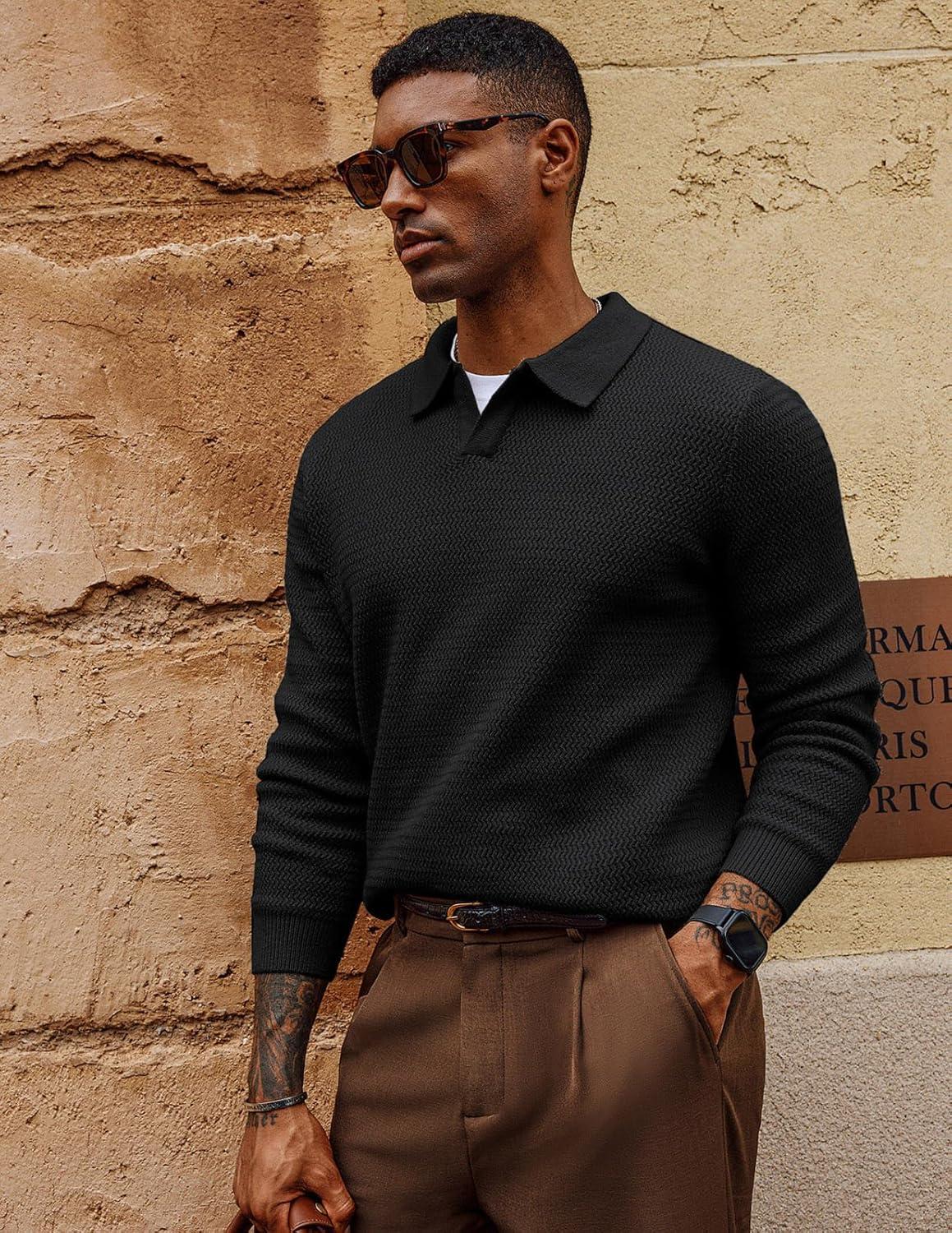 imagePJ PAUL JONES Mens Sweater V Neck Pullover Sweater Long Sleeve Cable Knit Textured SweaterBlack