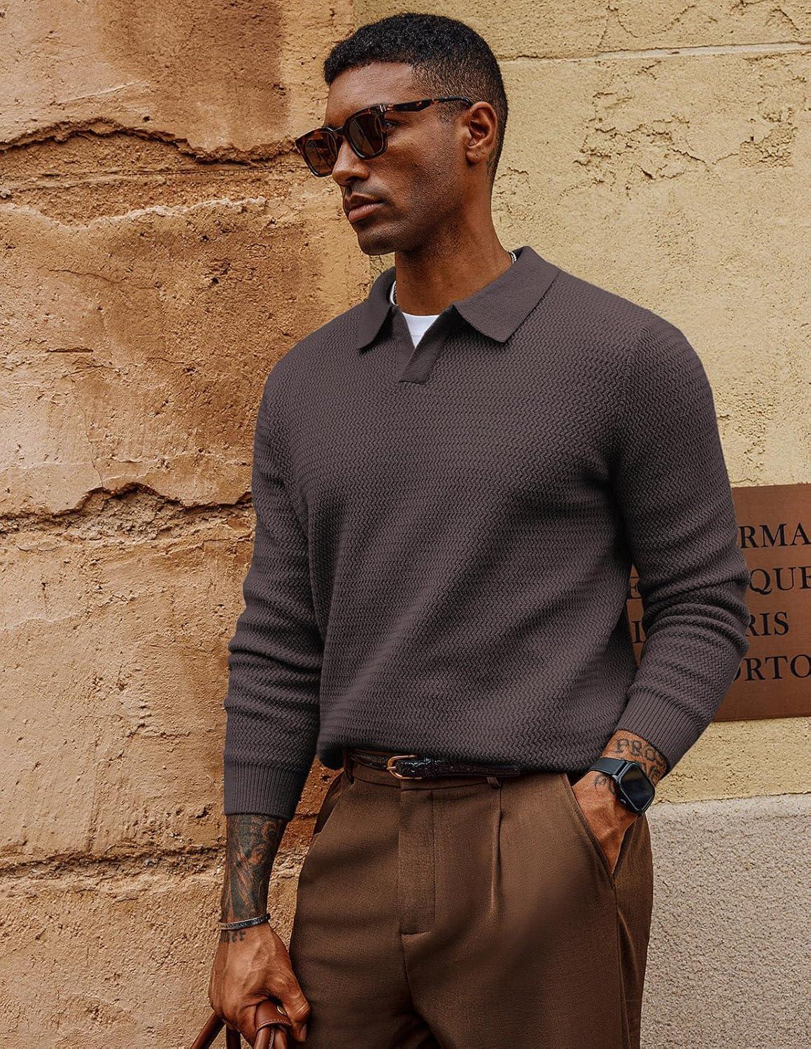 imagePJ PAUL JONES Mens Sweater V Neck Pullover Sweater Long Sleeve Cable Knit Textured SweaterBrown