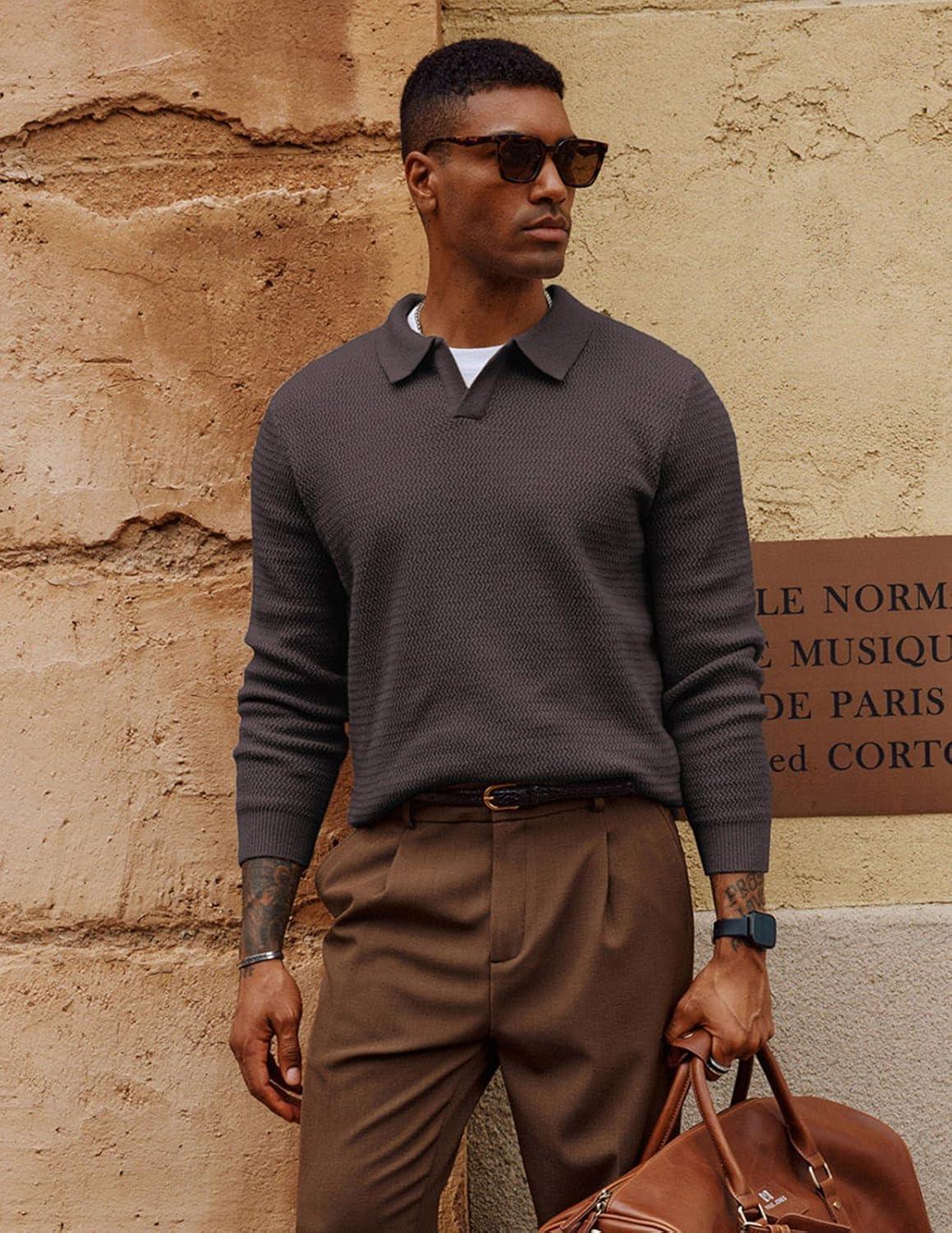 imagePJ PAUL JONES Mens Sweater V Neck Pullover Sweater Long Sleeve Cable Knit Textured SweaterBrown