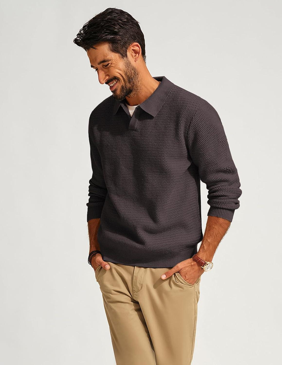 imagePJ PAUL JONES Mens Sweater V Neck Pullover Sweater Long Sleeve Cable Knit Textured SweaterBrown