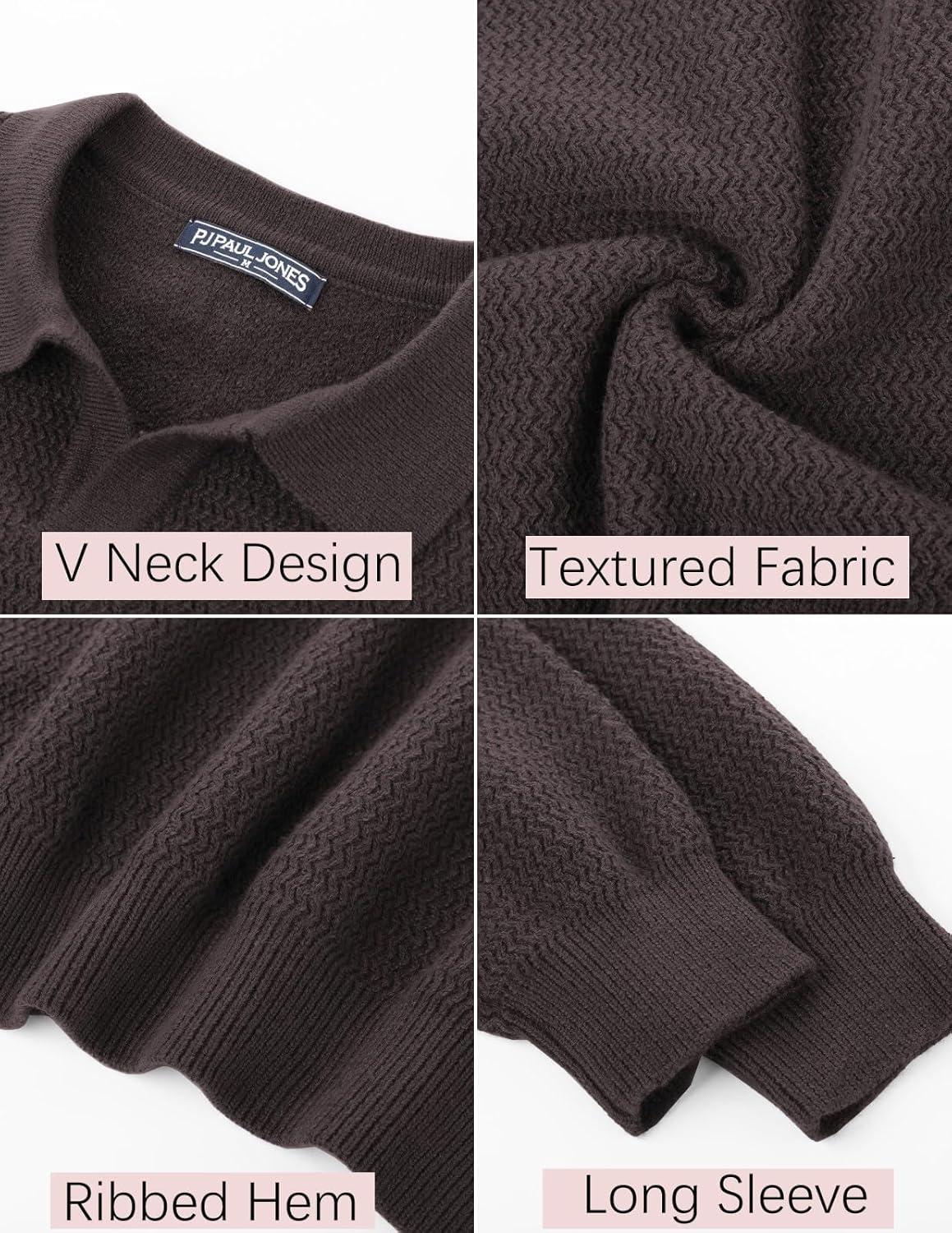 imagePJ PAUL JONES Mens Sweater V Neck Pullover Sweater Long Sleeve Cable Knit Textured SweaterBrown