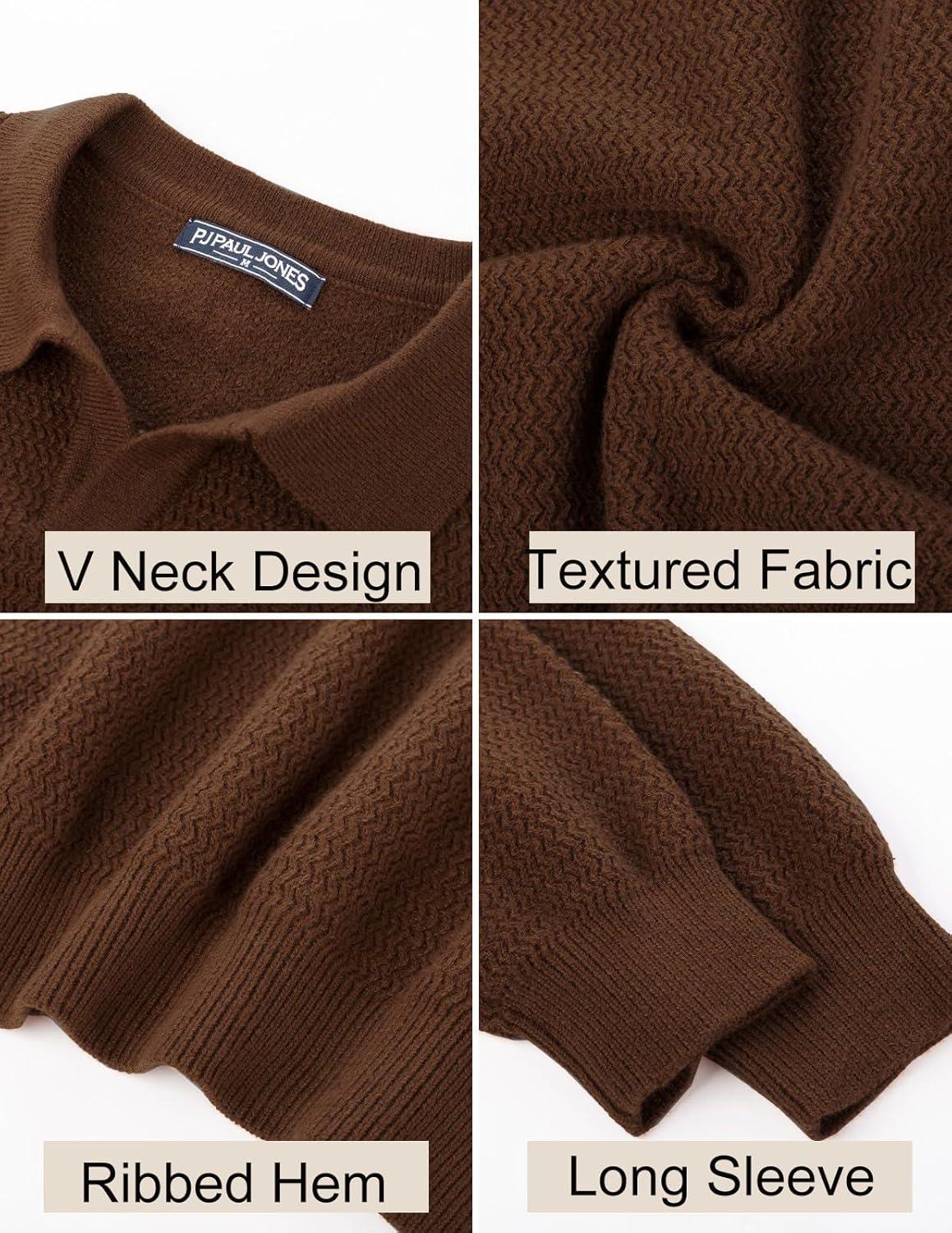 imagePJ PAUL JONES Mens Sweater V Neck Pullover Sweater Long Sleeve Cable Knit Textured SweaterCoffee
