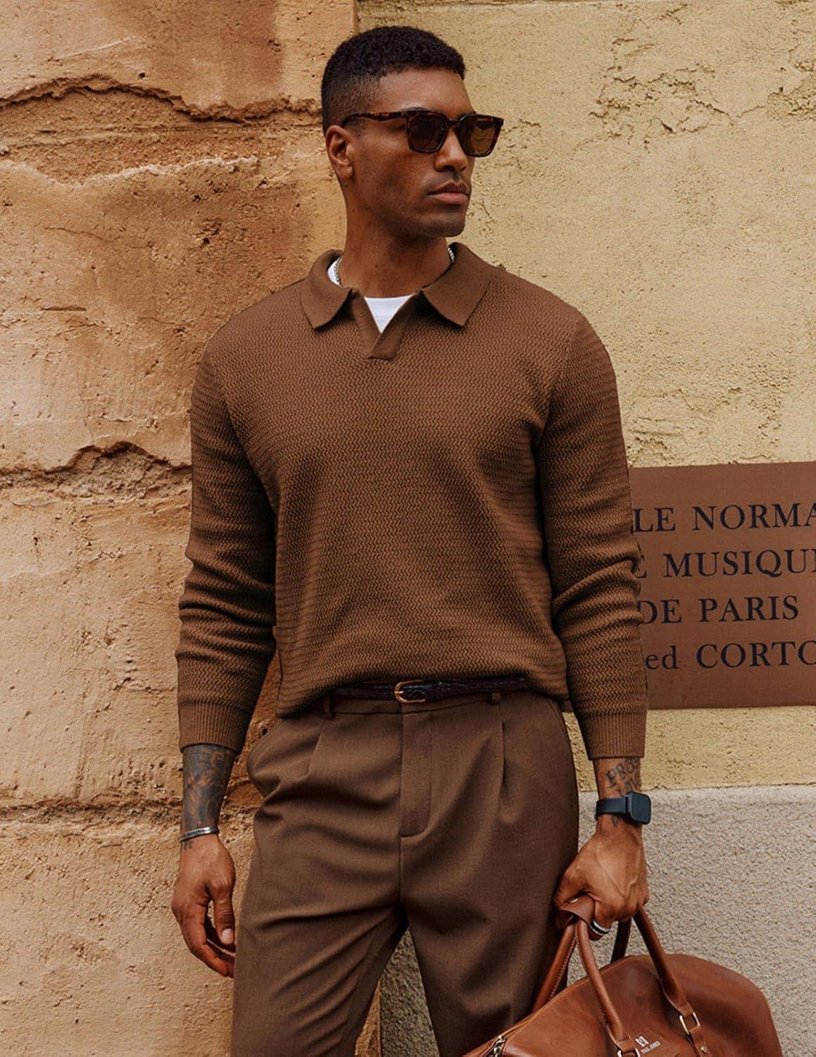 imagePJ PAUL JONES Mens Sweater V Neck Pullover Sweater Long Sleeve Cable Knit Textured SweaterCoffee