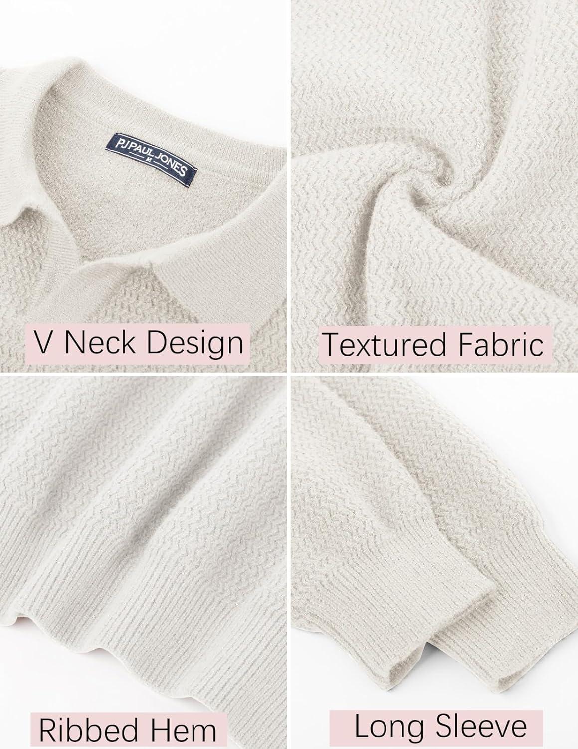 imagePJ PAUL JONES Mens Sweater V Neck Pullover Sweater Long Sleeve Cable Knit Textured SweaterWhite