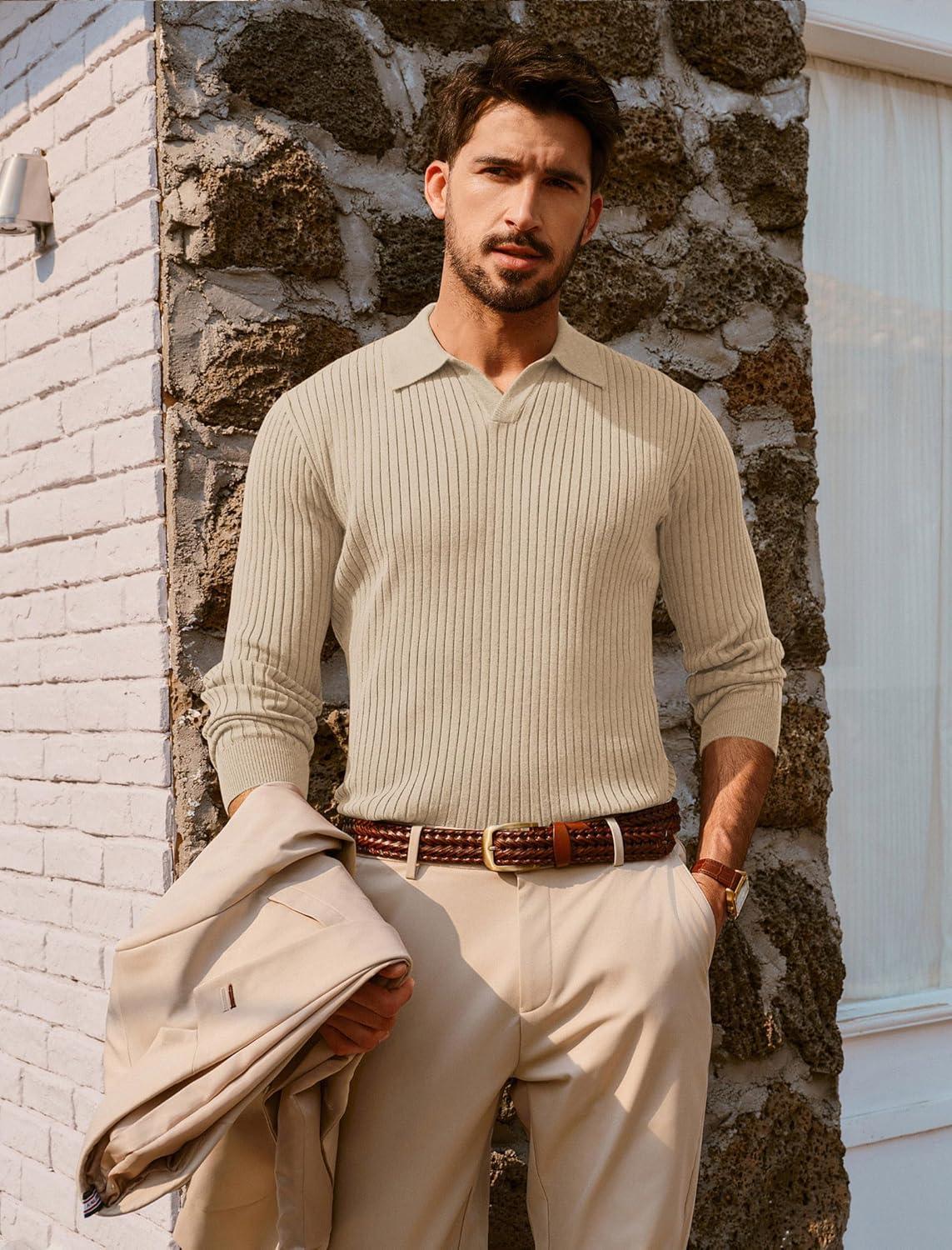 imagePJ PAUL JONES Mens Sweater V Neck Slim Fit Pullover Sweater Ribbed Textured Polo SweatersApricot