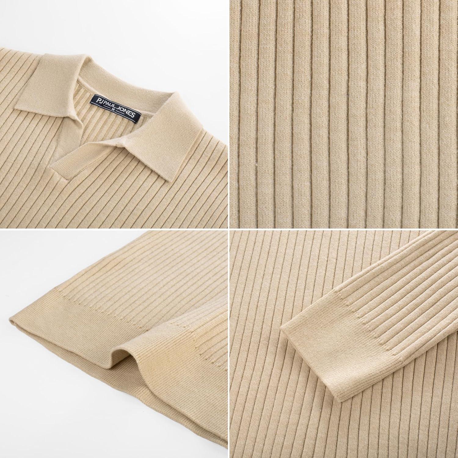 imagePJ PAUL JONES Mens Sweater V Neck Slim Fit Pullover Sweater Ribbed Textured Polo SweatersApricot