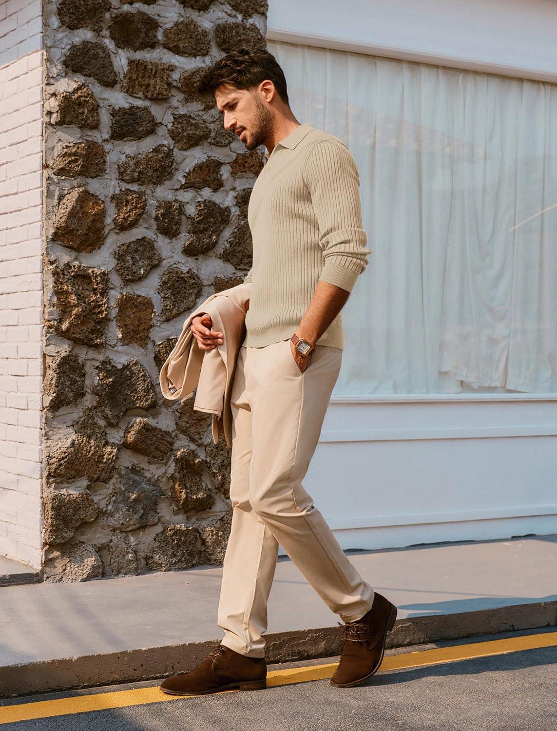 imagePJ PAUL JONES Mens Sweater V Neck Slim Fit Pullover Sweater Ribbed Textured Polo SweatersApricot