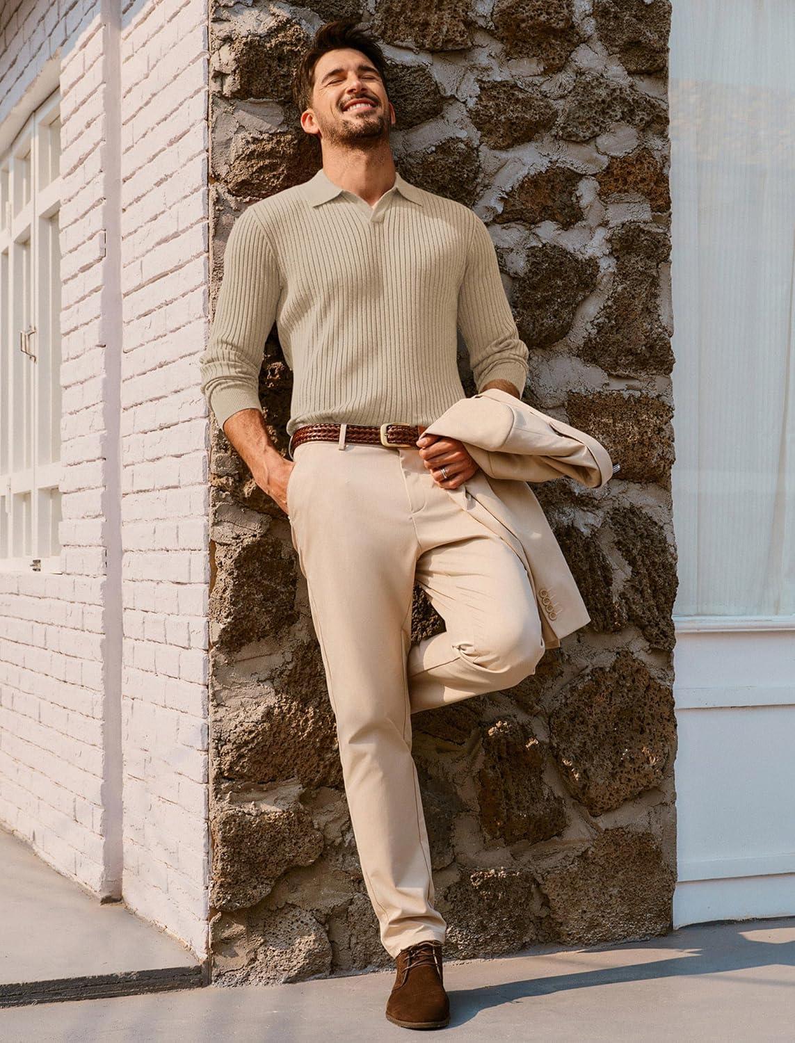 imagePJ PAUL JONES Mens Sweater V Neck Slim Fit Pullover Sweater Ribbed Textured Polo SweatersApricot