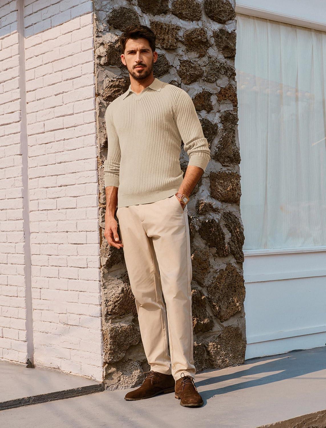 imagePJ PAUL JONES Mens Sweater V Neck Slim Fit Pullover Sweater Ribbed Textured Polo SweatersApricot