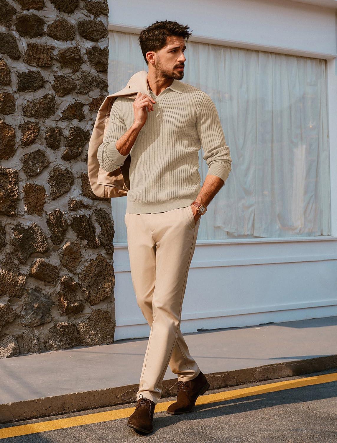 imagePJ PAUL JONES Mens Sweater V Neck Slim Fit Pullover Sweater Ribbed Textured Polo SweatersApricot