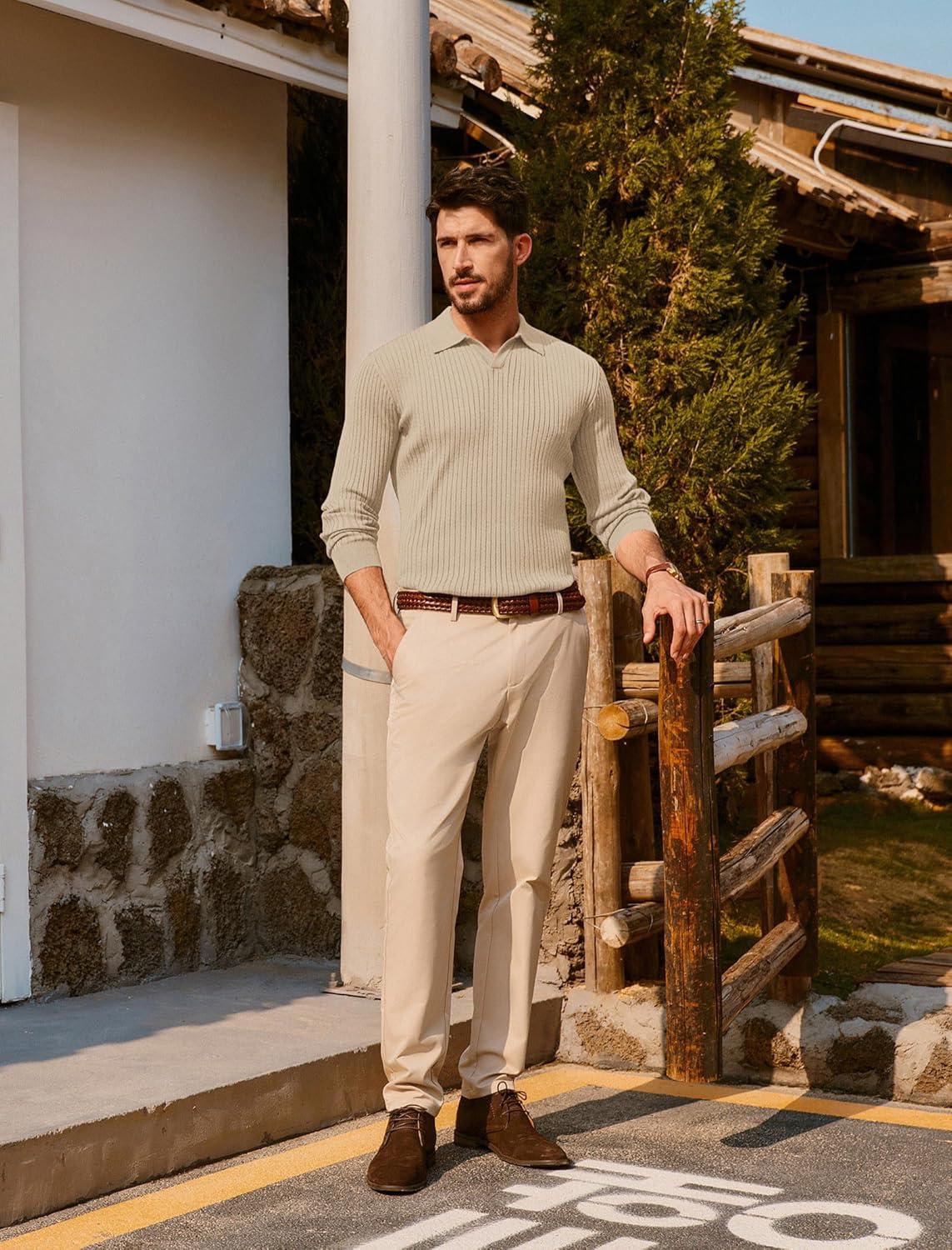 imagePJ PAUL JONES Mens Sweater V Neck Slim Fit Pullover Sweater Ribbed Textured Polo SweatersApricot