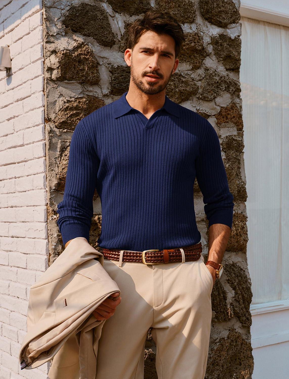 imagePJ PAUL JONES Mens Sweater V Neck Slim Fit Pullover Sweater Ribbed Textured Polo SweatersNavy Blue