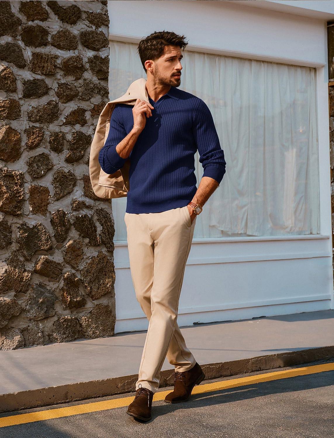 imagePJ PAUL JONES Mens Sweater V Neck Slim Fit Pullover Sweater Ribbed Textured Polo SweatersNavy Blue