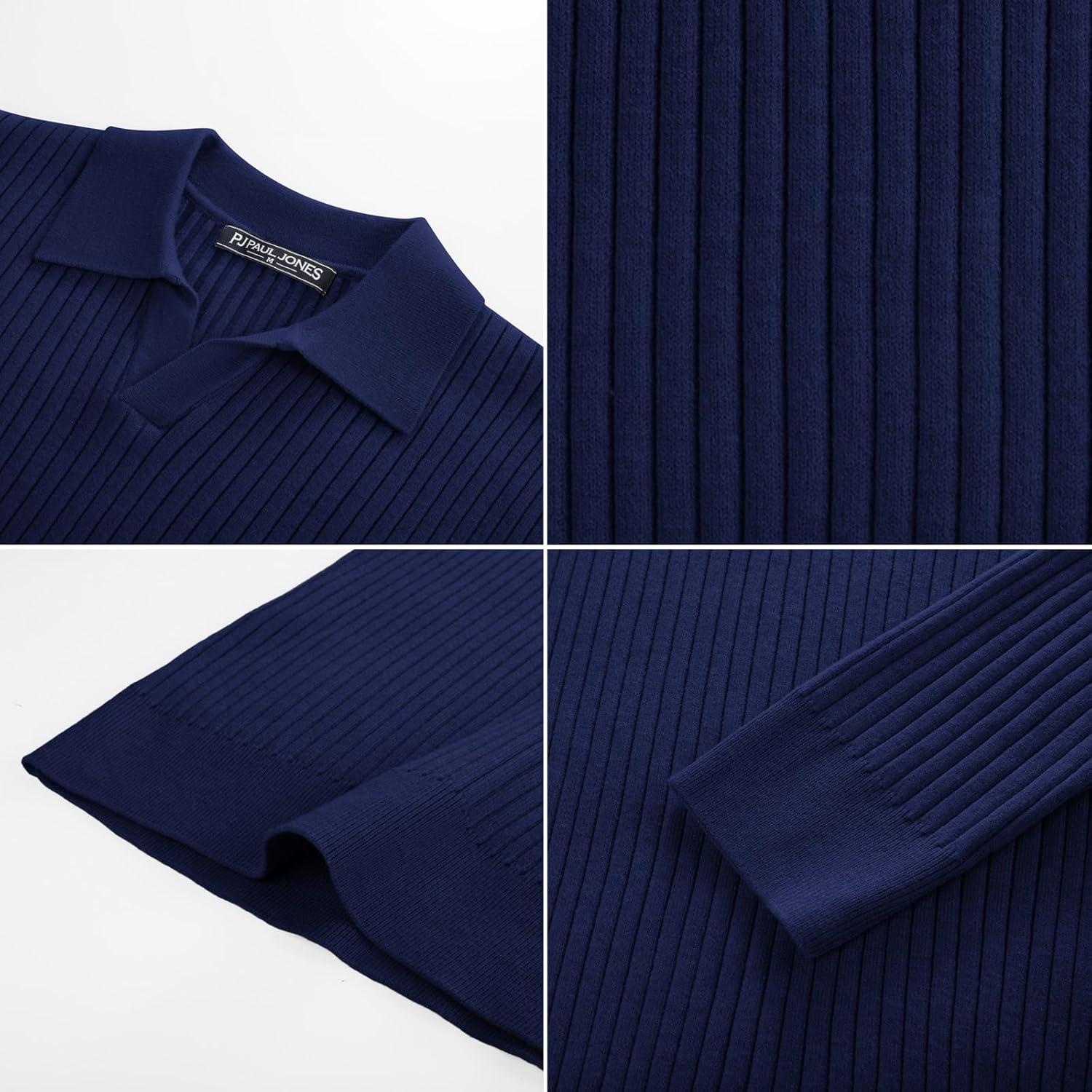 imagePJ PAUL JONES Mens Sweater V Neck Slim Fit Pullover Sweater Ribbed Textured Polo SweatersNavy Blue