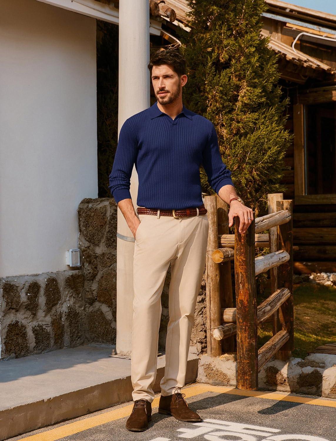 imagePJ PAUL JONES Mens Sweater V Neck Slim Fit Pullover Sweater Ribbed Textured Polo SweatersNavy Blue