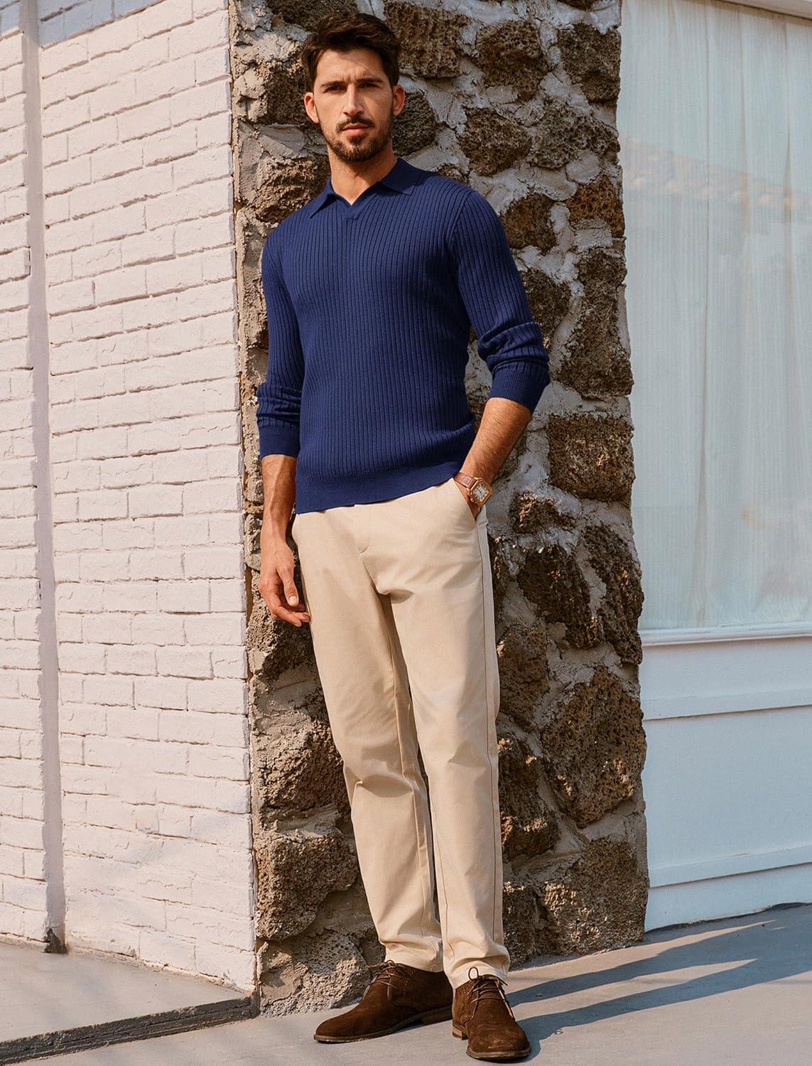 imagePJ PAUL JONES Mens Sweater V Neck Slim Fit Pullover Sweater Ribbed Textured Polo SweatersNavy Blue