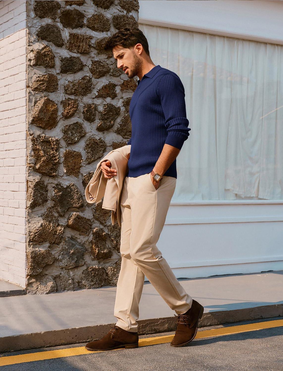 imagePJ PAUL JONES Mens Sweater V Neck Slim Fit Pullover Sweater Ribbed Textured Polo SweatersNavy Blue