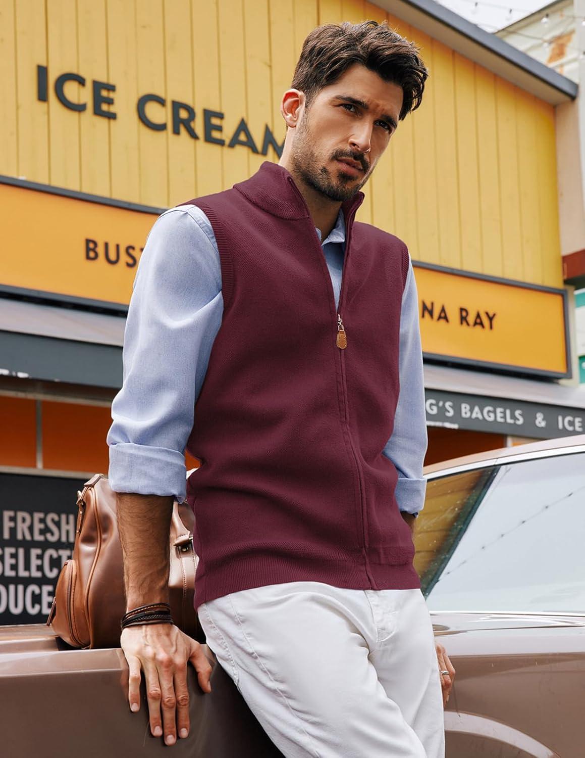 imagePJ PAUL JONES Mens Sweater Vest FullUp Knitted Vests Casual Stand Collar Vests SweaterBurgundy