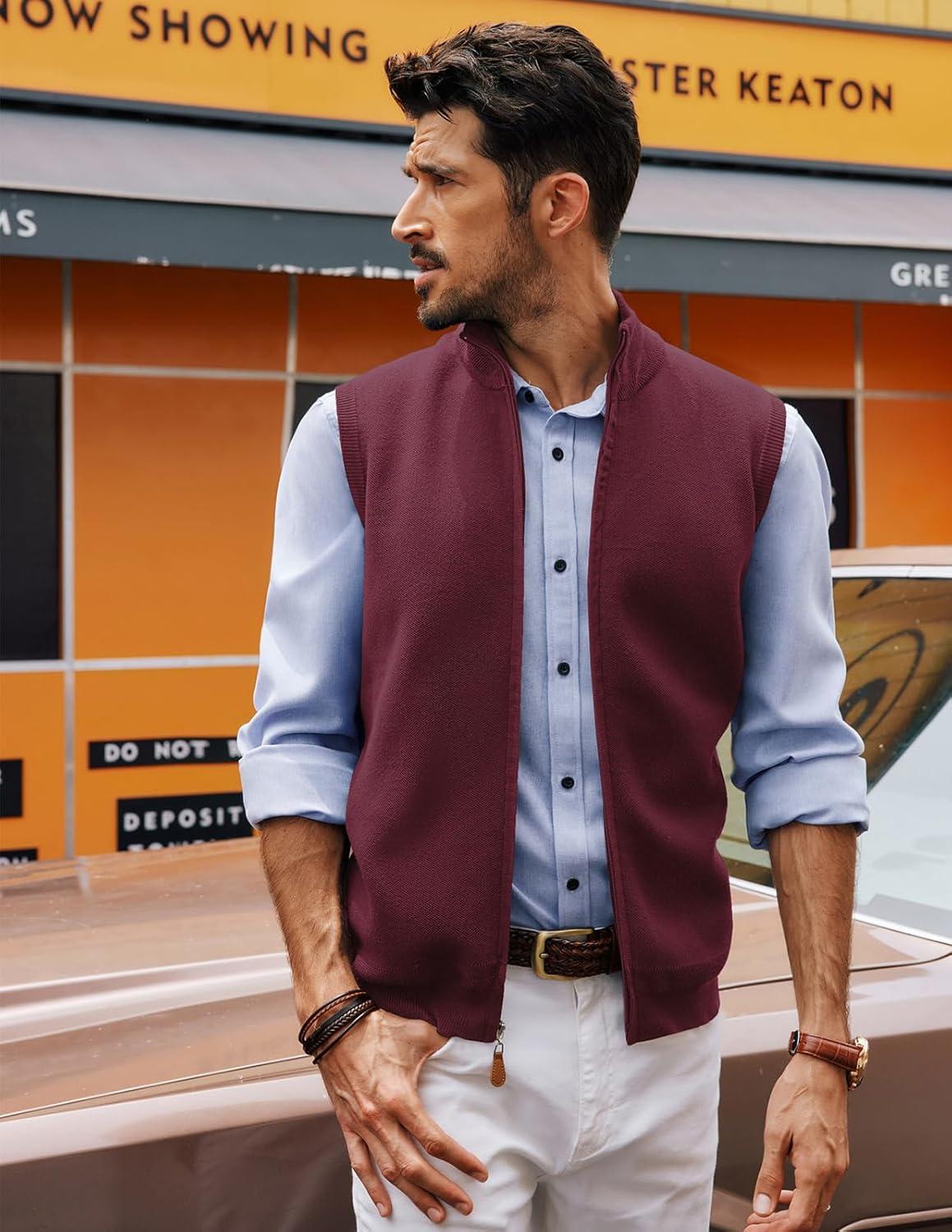 imagePJ PAUL JONES Mens Sweater Vest FullUp Knitted Vests Casual Stand Collar Vests SweaterBurgundy