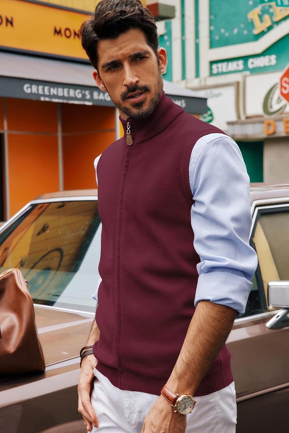 imagePJ PAUL JONES Mens Sweater Vest FullUp Knitted Vests Casual Stand Collar Vests SweaterBurgundy