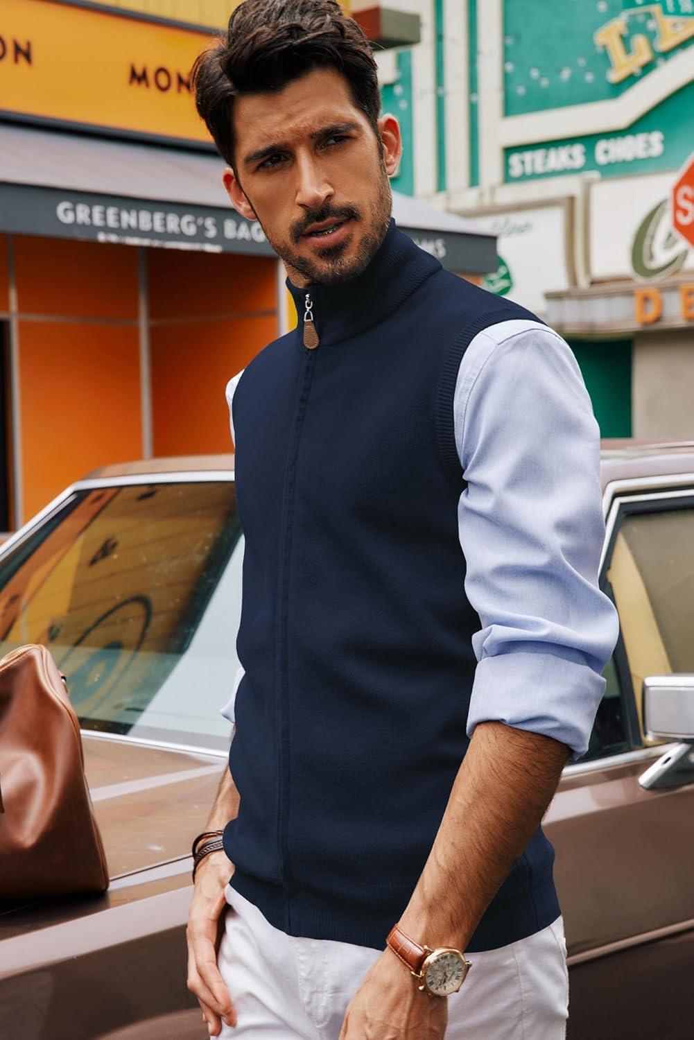 imagePJ PAUL JONES Mens Sweater Vest FullUp Knitted Vests Casual Stand Collar Vests SweaterDark Blue