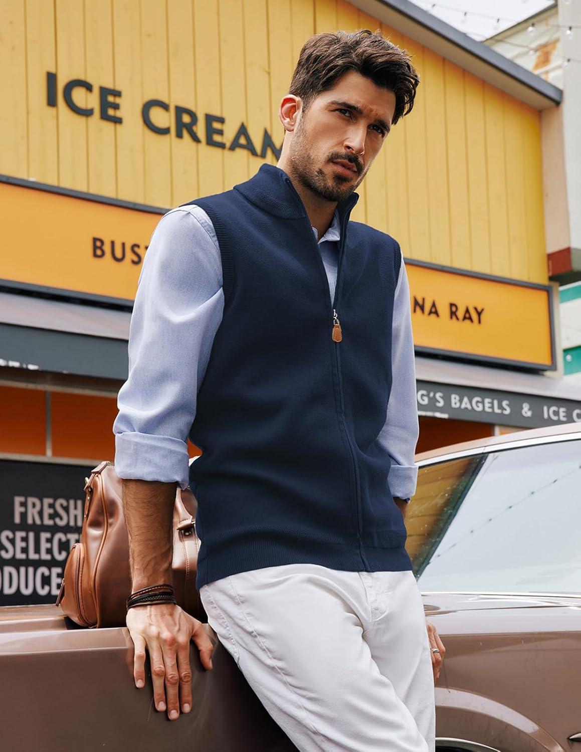 imagePJ PAUL JONES Mens Sweater Vest FullUp Knitted Vests Casual Stand Collar Vests SweaterDark Blue