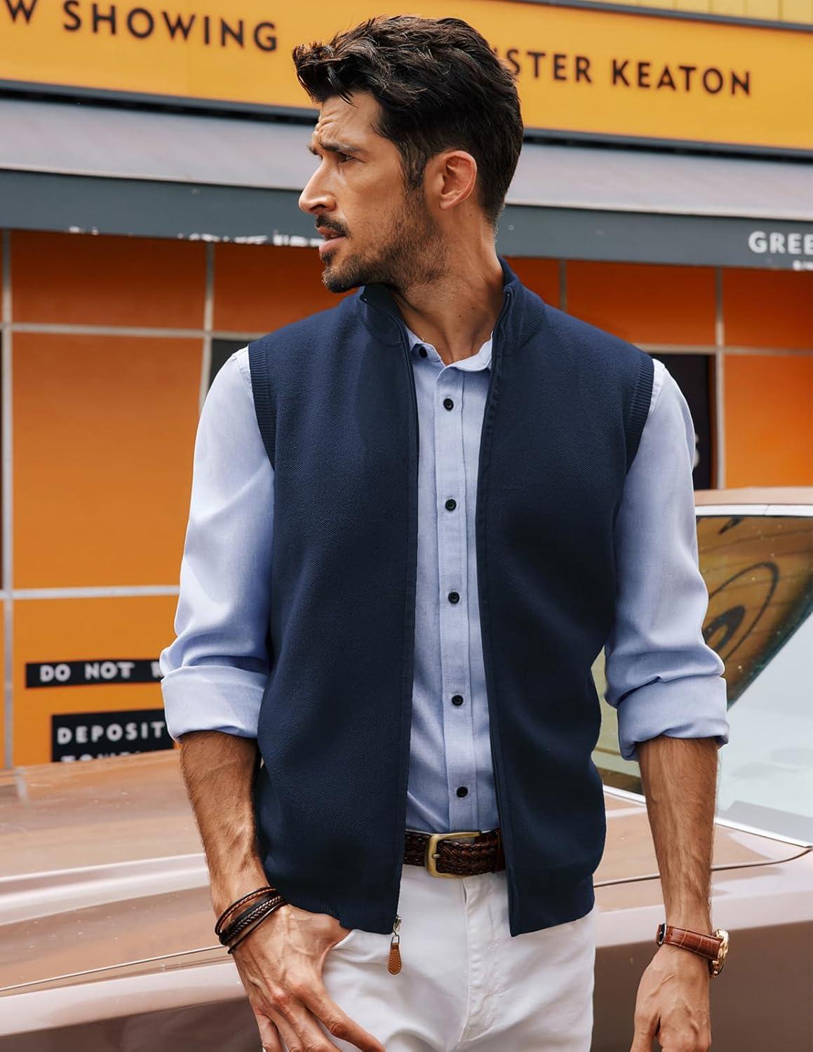 imagePJ PAUL JONES Mens Sweater Vest FullUp Knitted Vests Casual Stand Collar Vests SweaterDark Blue