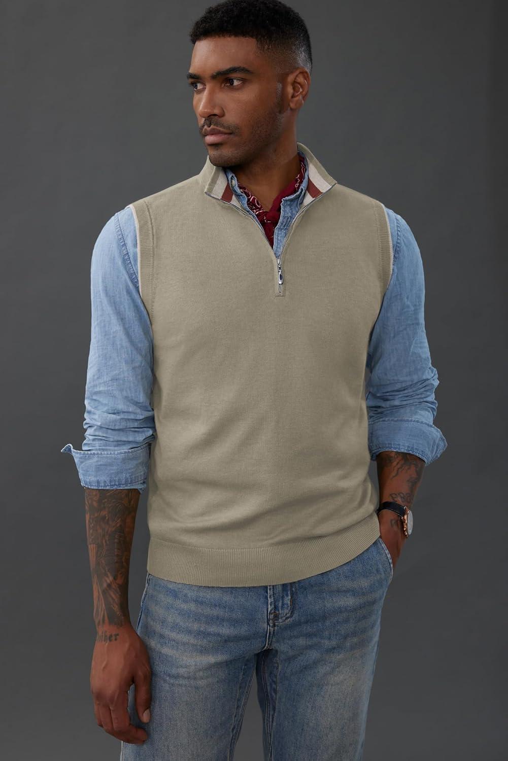 imagePJ PAUL JONES Mens Sweater Vest Quarter Zip Vest Sweater Stand Collar Contrast Stripes Pullover Knitwear VestApricot