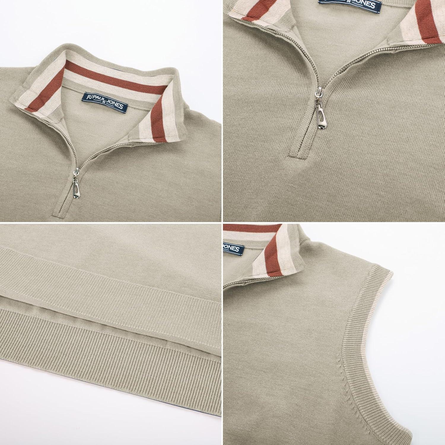 imagePJ PAUL JONES Mens Sweater Vest Quarter Zip Vest Sweater Stand Collar Contrast Stripes Pullover Knitwear VestApricot