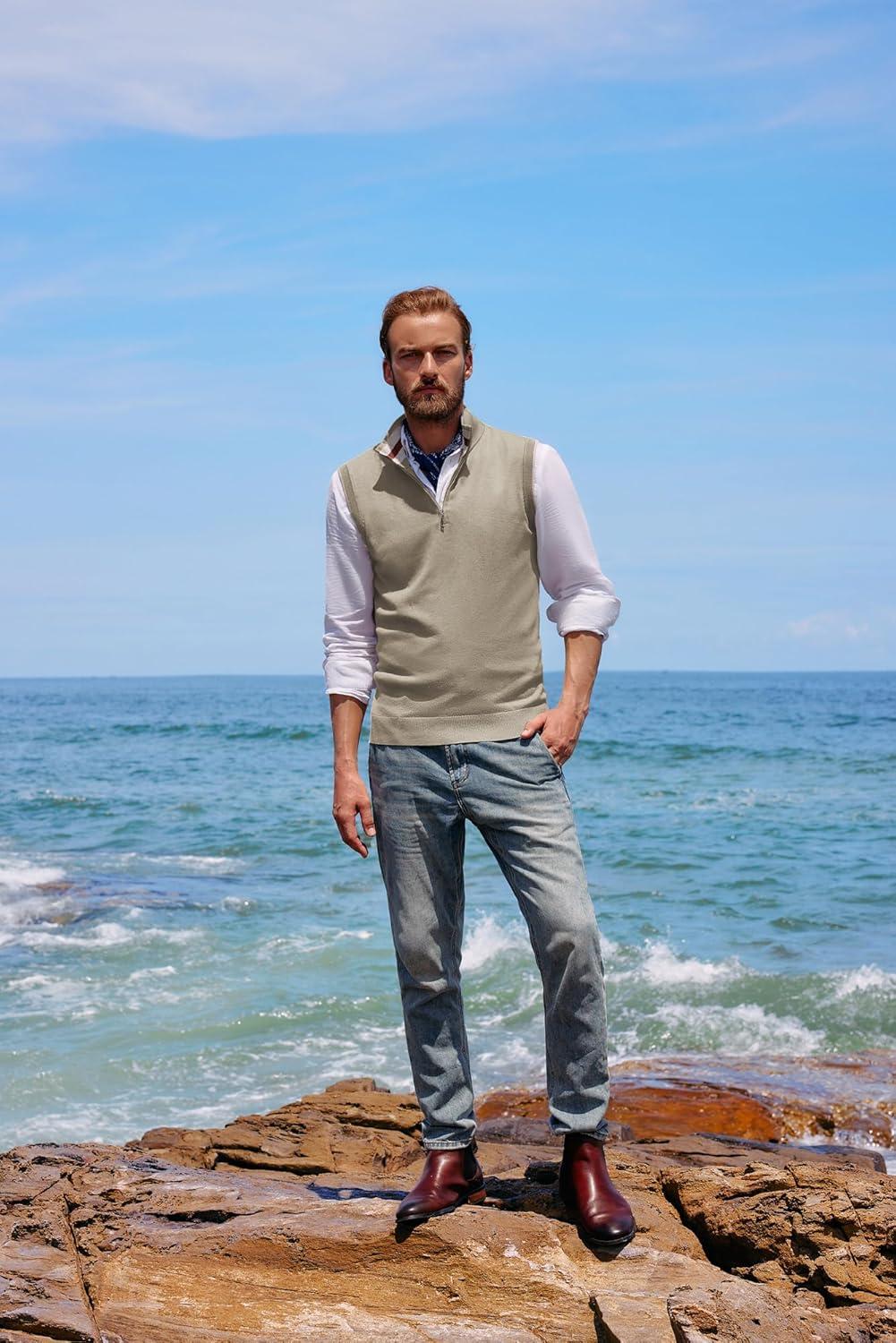 imagePJ PAUL JONES Mens Sweater Vest Quarter Zip Vest Sweater Stand Collar Contrast Stripes Pullover Knitwear VestApricot