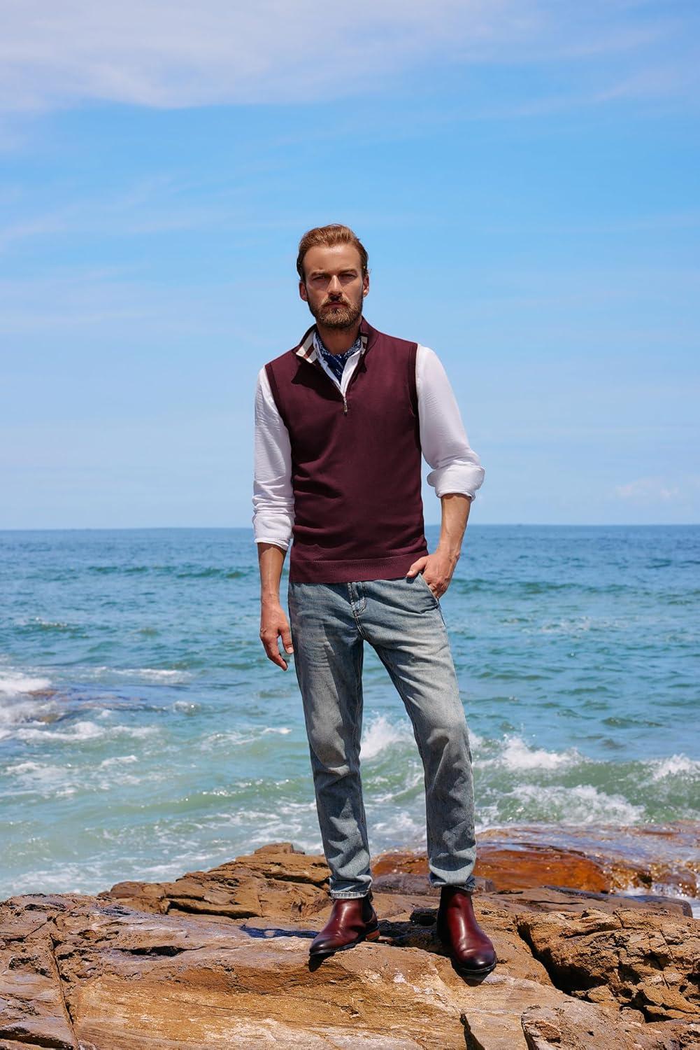 imagePJ PAUL JONES Mens Sweater Vest Quarter Zip Vest Sweater Stand Collar Contrast Stripes Pullover Knitwear VestDrak Red