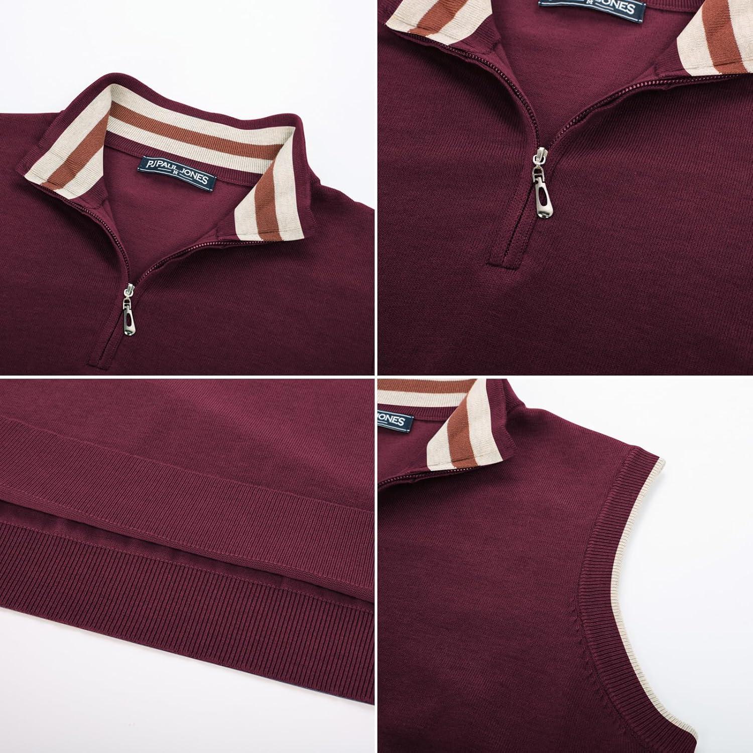 imagePJ PAUL JONES Mens Sweater Vest Quarter Zip Vest Sweater Stand Collar Contrast Stripes Pullover Knitwear VestDrak Red
