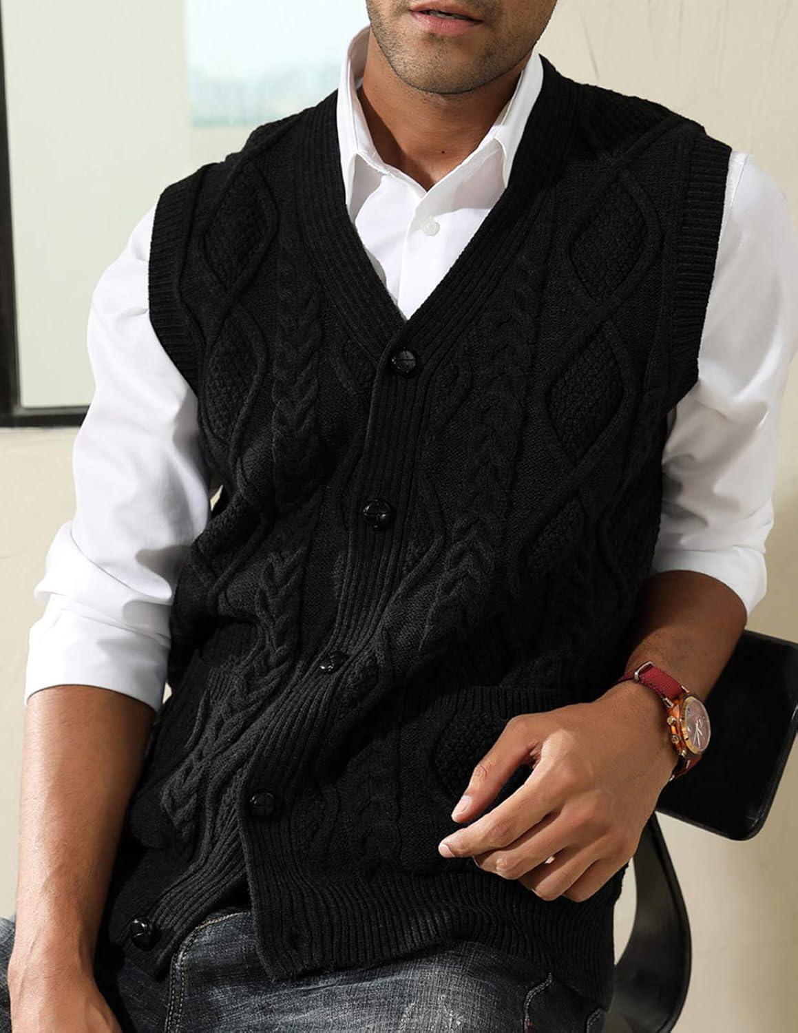 imagePJ PAUL JONES Mens Sweater Vest VNeck Sleeveless Cable Knitted Cardigan VestBlack1
