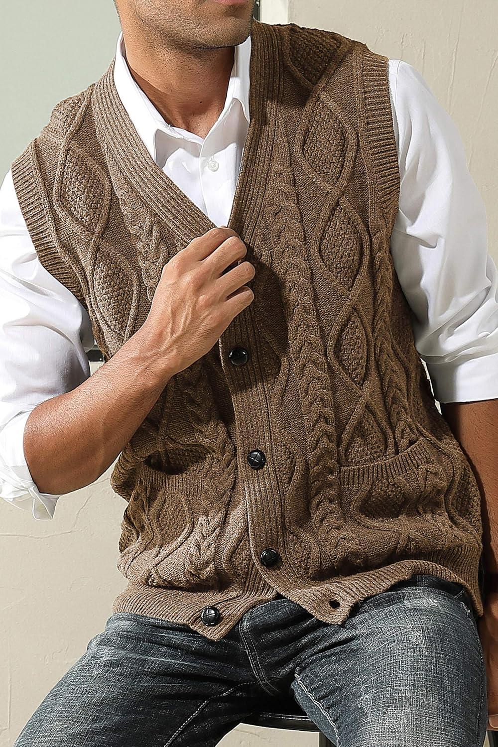 imagePJ PAUL JONES Mens Sweater Vest VNeck Sleeveless Cable Knitted Cardigan VestCoffee