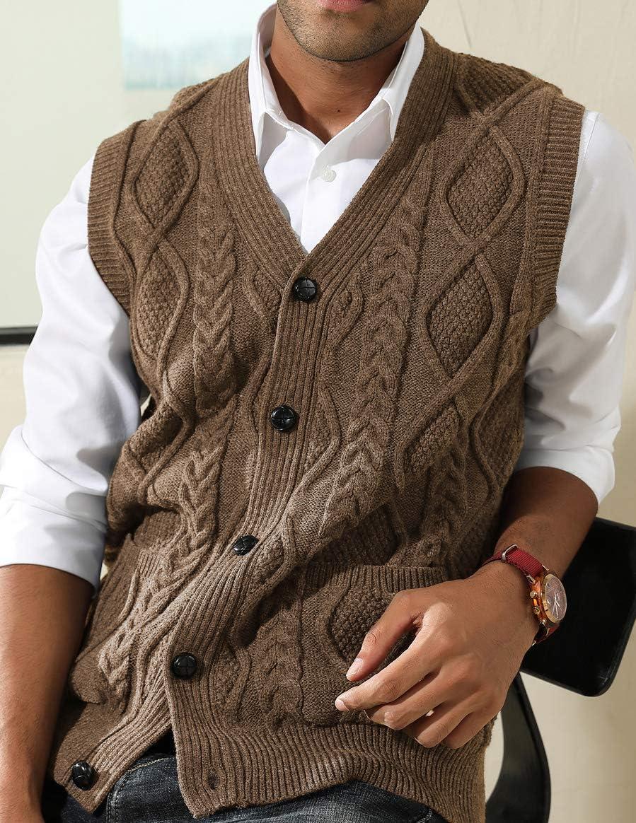 imagePJ PAUL JONES Mens Sweater Vest VNeck Sleeveless Cable Knitted Cardigan VestCoffee