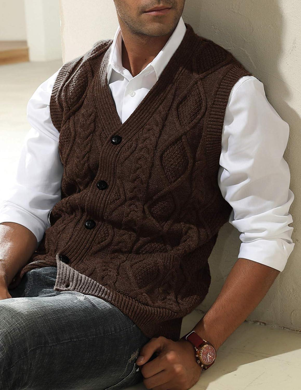 imagePJ PAUL JONES Mens Sweater Vest VNeck Sleeveless Cable Knitted Cardigan VestDark Coffee