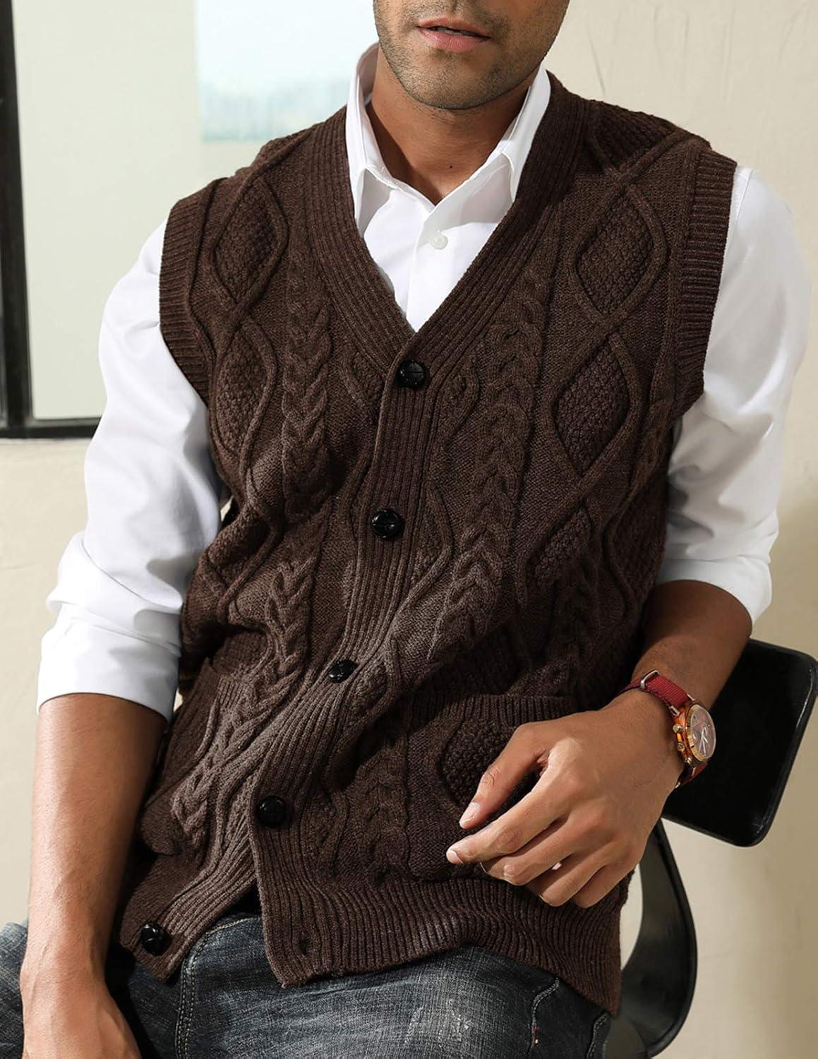 imagePJ PAUL JONES Mens Sweater Vest VNeck Sleeveless Cable Knitted Cardigan VestDark Coffee