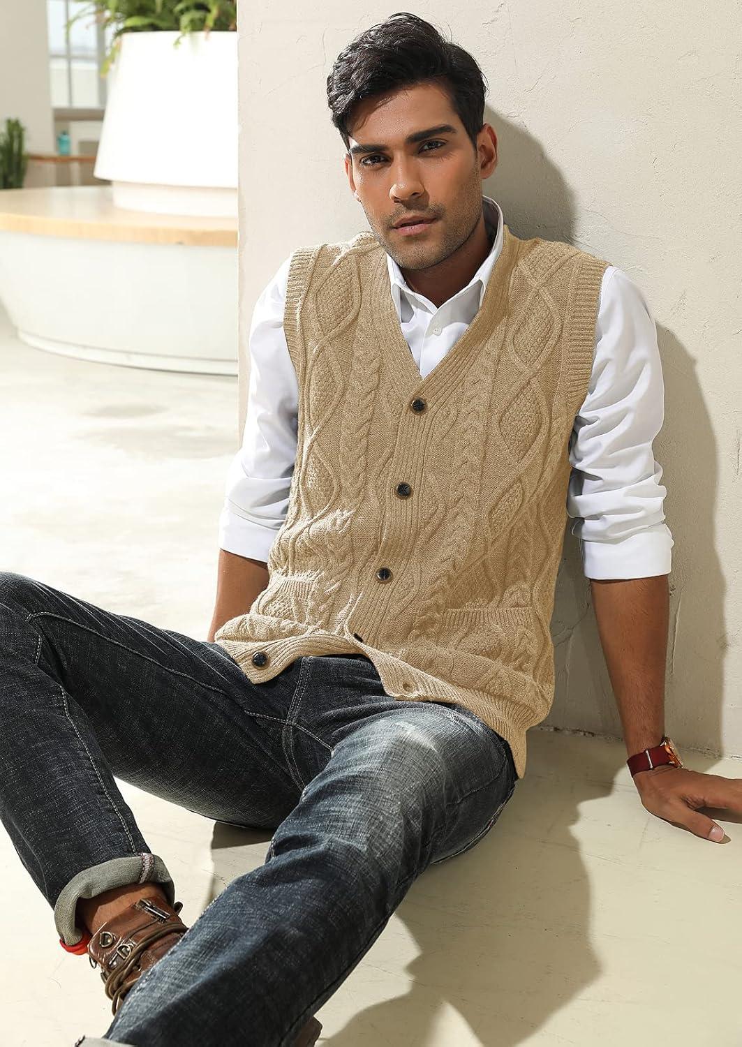 imagePJ PAUL JONES Mens Sweater Vest VNeck Sleeveless Cable Knitted Cardigan VestKhaki