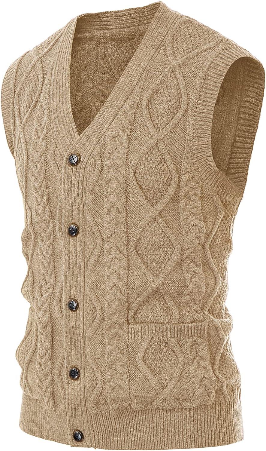 imagePJ PAUL JONES Mens Sweater Vest VNeck Sleeveless Cable Knitted Cardigan VestKhaki