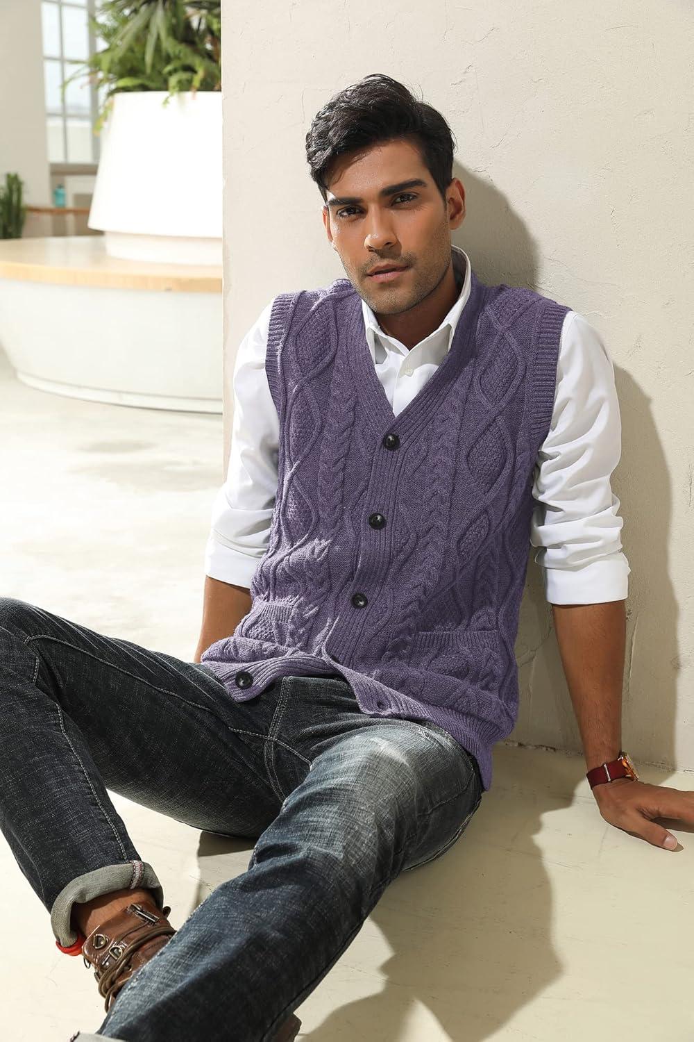 imagePJ PAUL JONES Mens Sweater Vest VNeck Sleeveless Cable Knitted Cardigan VestPurple
