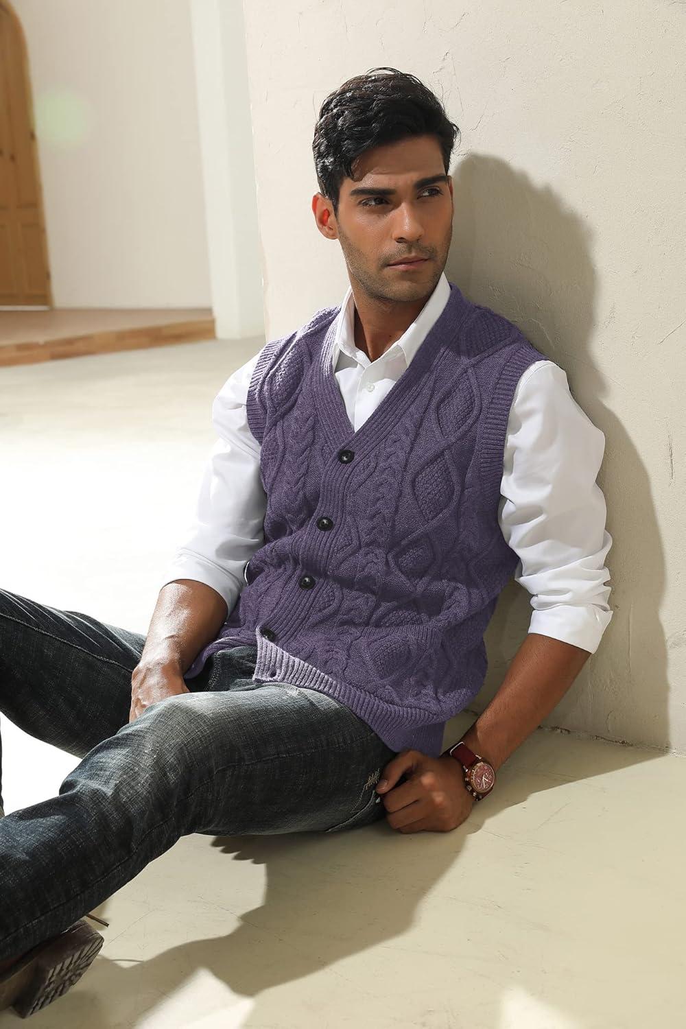 imagePJ PAUL JONES Mens Sweater Vest VNeck Sleeveless Cable Knitted Cardigan VestPurple