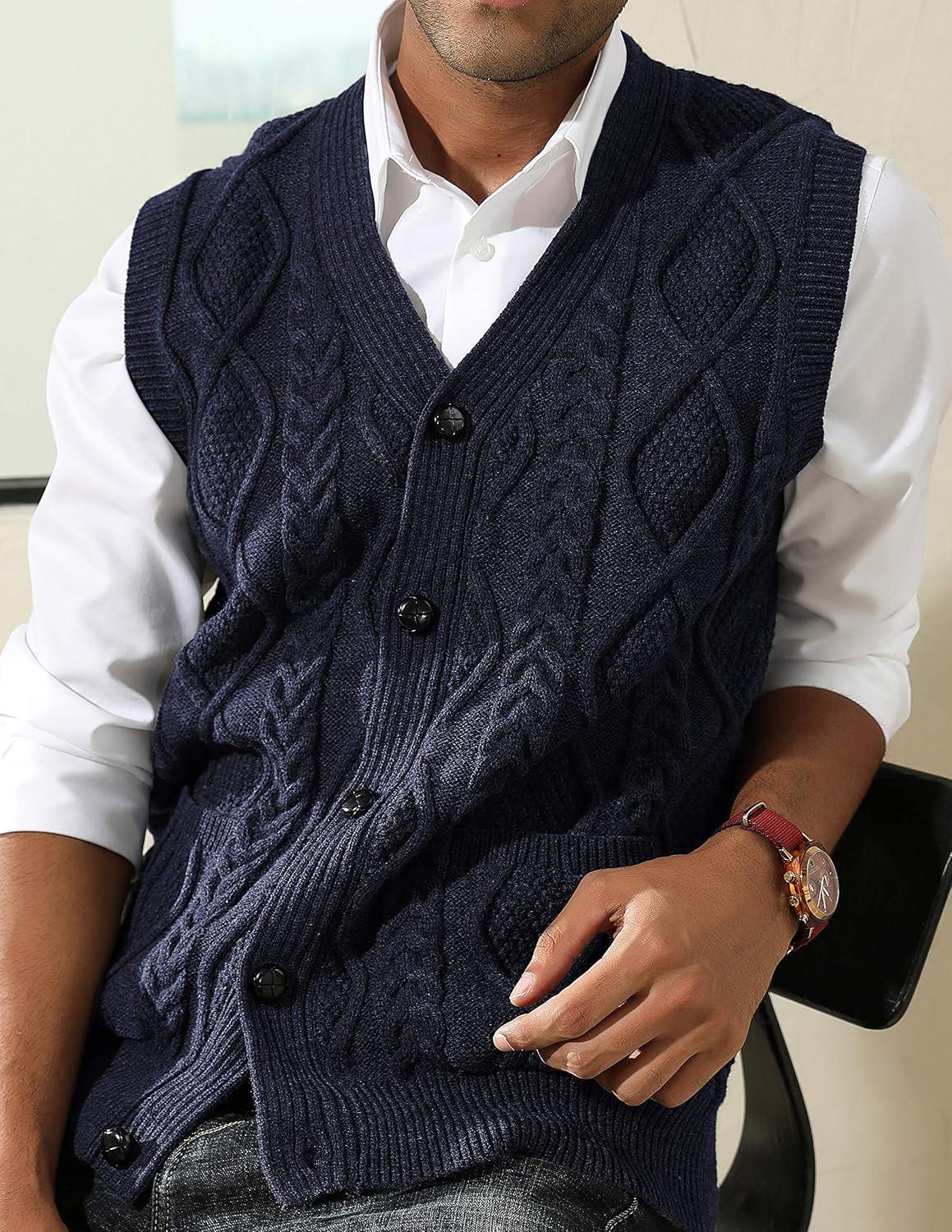 imagePJ PAUL JONES Mens Sweater Vest VNeck Sleeveless Cable Knitted Cardigan VestRoyal Blue
