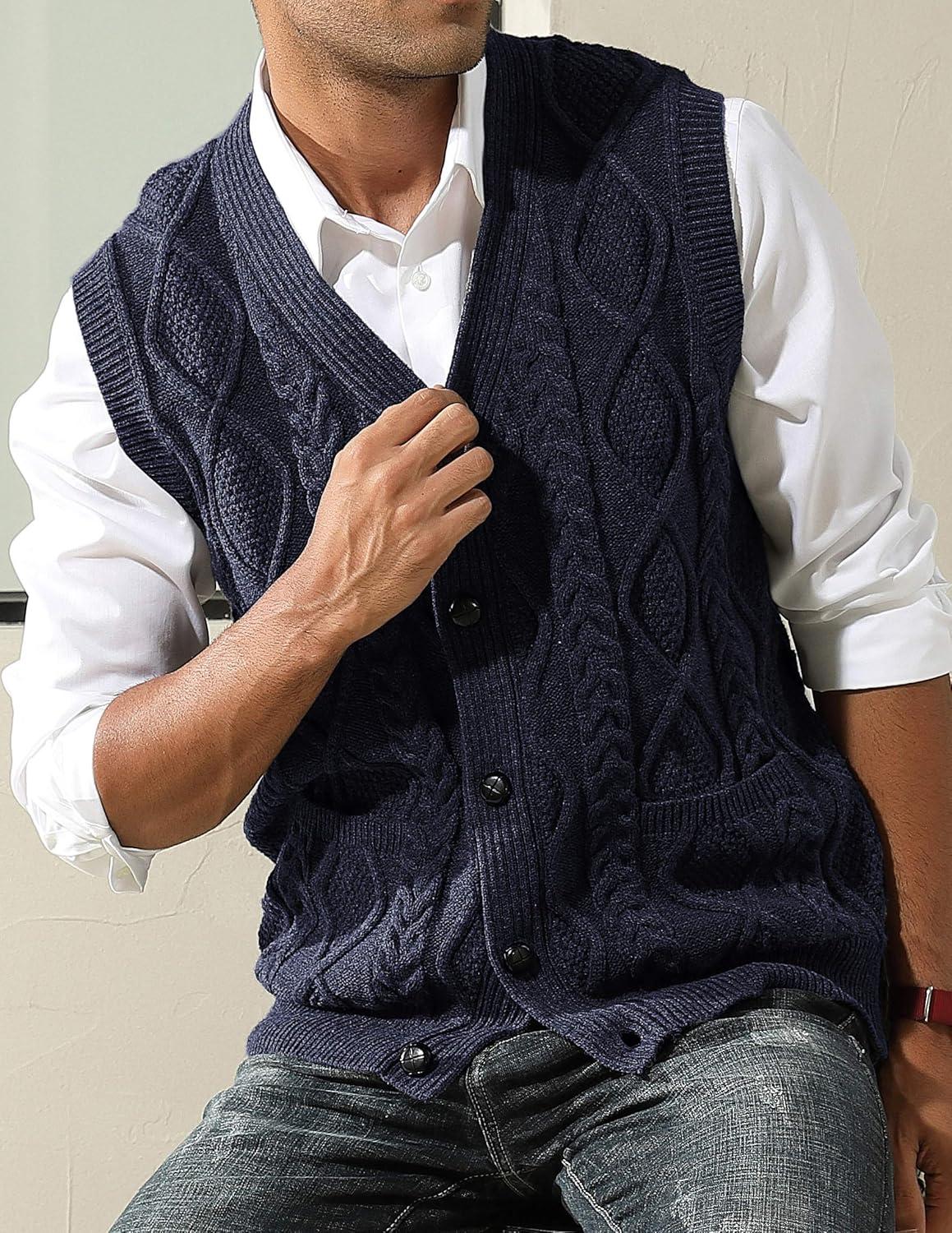 imagePJ PAUL JONES Mens Sweater Vest VNeck Sleeveless Cable Knitted Cardigan VestRoyal Blue