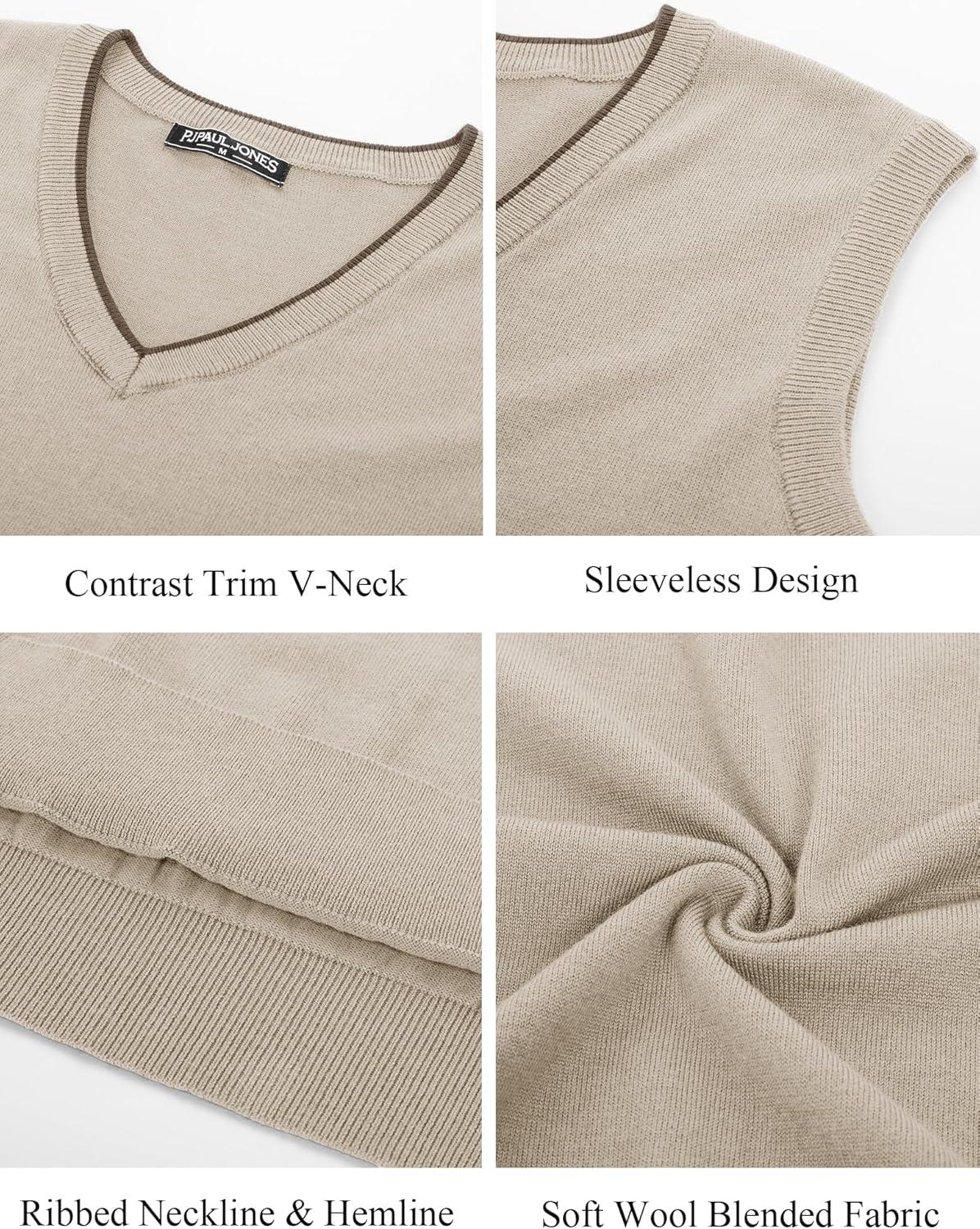 imagePJ PAUL JONES Mens Sweater Vest Wool Blended Knitted Vest Sweaters VNeck Sleeveless Pullover VestsApricot